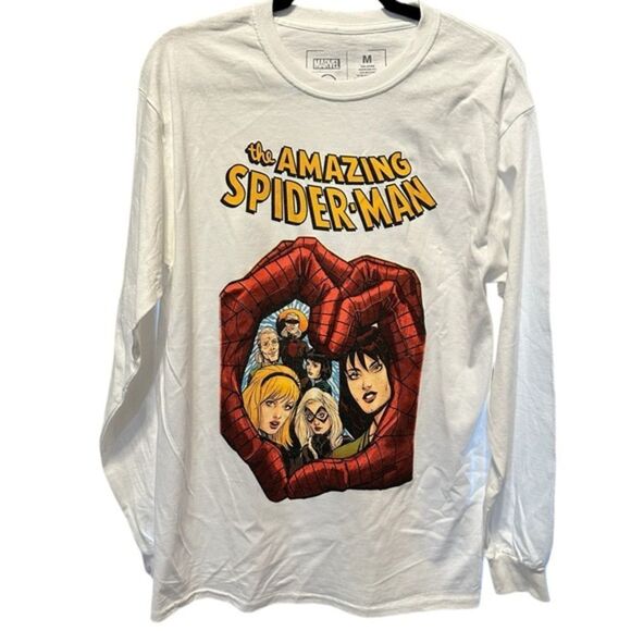 NWT Marvel Unisex White Spiderman Spider Love Graphic Tee Shirt Long Sleeve - M - Picture 1 of 4